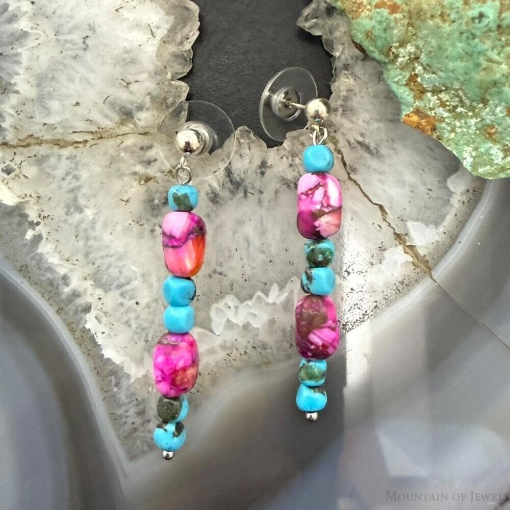 Sterling Silver Turquoise & Pink Dahlia Beads Long Dangle Earrings For Women